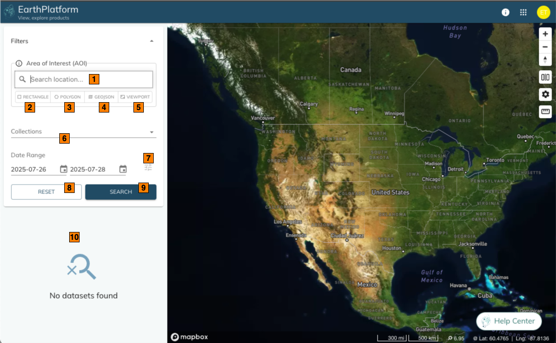 EarthPlatform Landing Page - Search Filters and Results